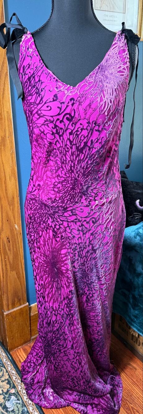 2OH Threads Two Old Hippies Purple Silk Velvet Burnout Maxi Dress Gown Boho M
